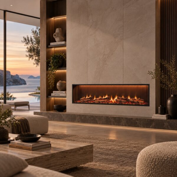 195 cm Black Metal 3D Holographic Built-In Front Fireplace with Realistic Flames – SINED