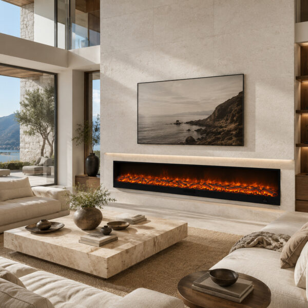 Giant Electric Fireplace SINED Etna 3m with Remote Control. Led real flame effect on 6 levels. 1500W Heating. Built-in or Support for Indoor