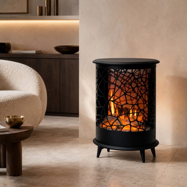 Round Freestanding Black Steel Fireplace with Ultra-Realistic 3D Holographic Flame Effect and Dual 750-1500W Heating Levels