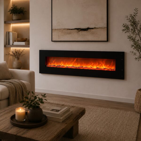 Sined Pordoi: 1500W electric wall fireplace made of steel and glass. Realistic LED flame 6 levels