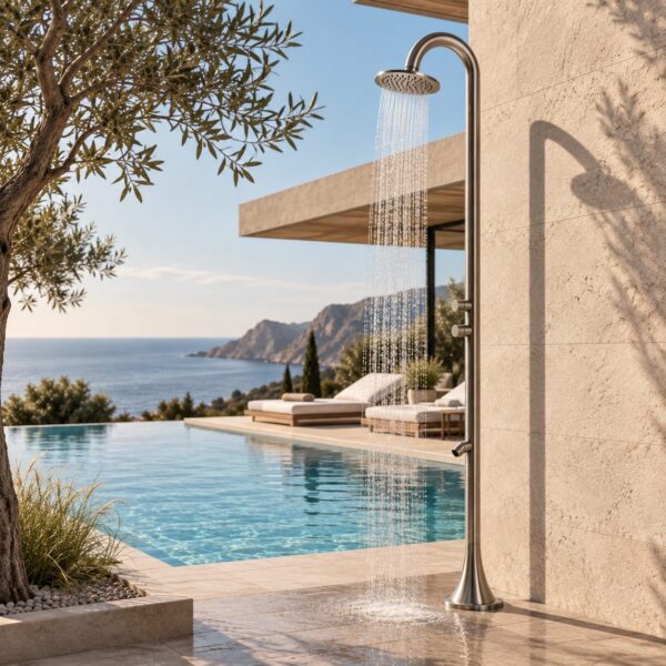 Gun Metal Stainless Steel Double-Jet Timed Shower for Gardens and Pools with Corrosion-Resistant Nautical Steel - Luna by [Brand Name]