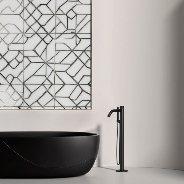 Black Floor-mounted Bathtub Faucet With Movable Showerhead