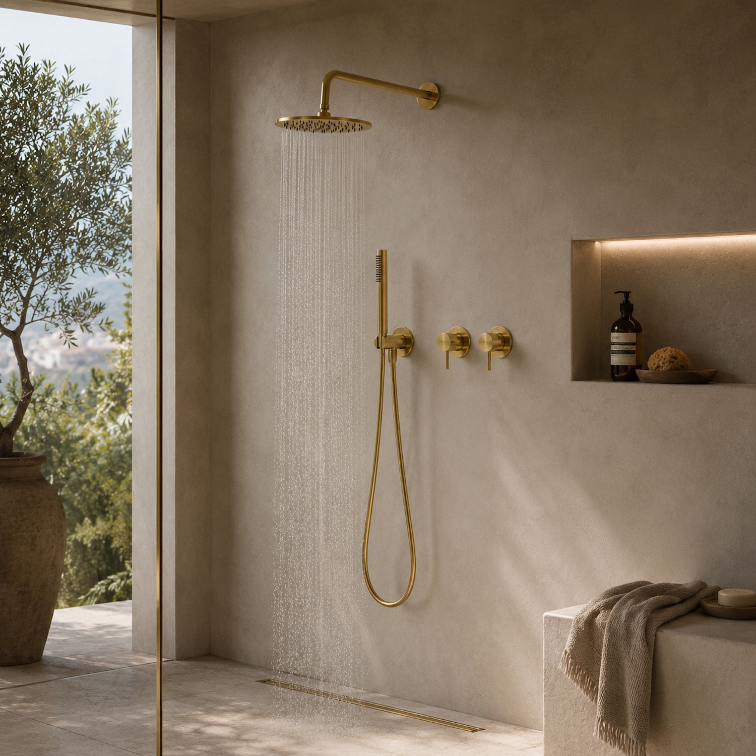 KIT-DOCCIA-PARETE-25-ORO-ambientata KIT-DOCCIA-PARETE-25-ORO