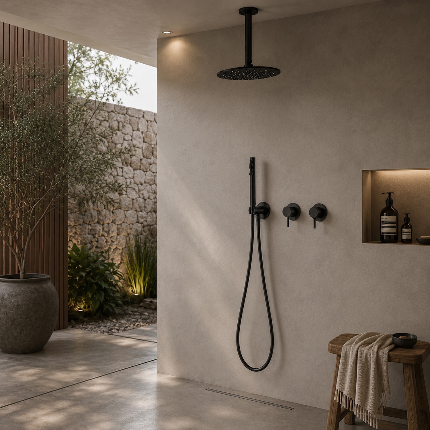 KIT-DOCCIA-SOFFITTO-LUNGO-30-NERO-ambientata KIT-DOCCIA-SOFFITTO-LUNGO-30-NERO