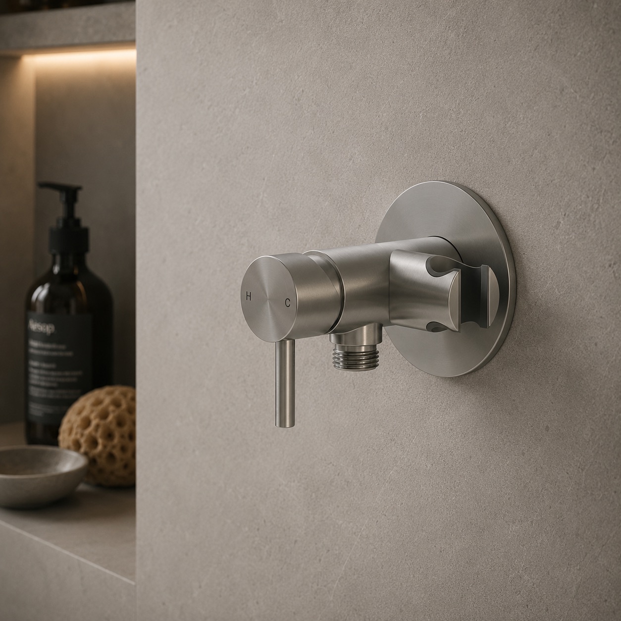 MISCELATORE-MURO-ATTACCO-DOCCINO-LEVANTE-INOX-ambientata MISCELATORE-MURO-ATTACCO-DOCCINO-LEVANTE-INOX