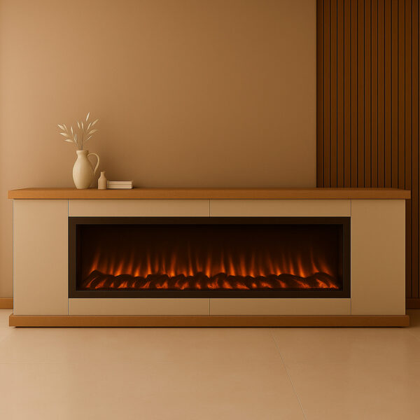 Sined Desio Amiata Fireplace Cabinet in Sian Grey and Oak Wood Featuring 1500W Electric Burner with Remote Control for Enhanced Elegance and Durabilit