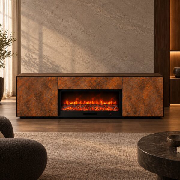 Gold Fused Glass Sideboard with 108 cm LED Electric Fireplace