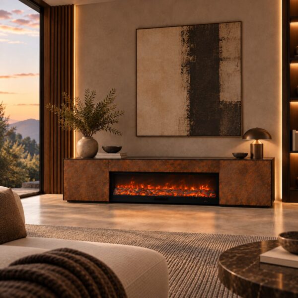 Gold Fused Glass Sideboard with 108 cm LED Electric Fireplace and Water-Based Flame Effect – SINED