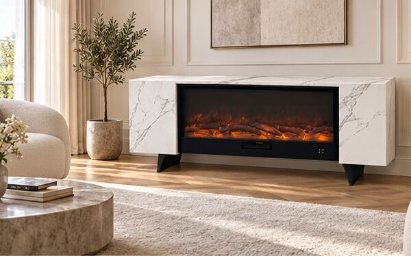Statuario White Ceramic Stoneware Cabinet for Electric Fireplace – SINED