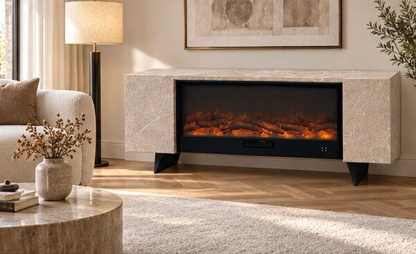 Taupermani Cream Ceramic Stoneware Cabinet for Electric Fireplace