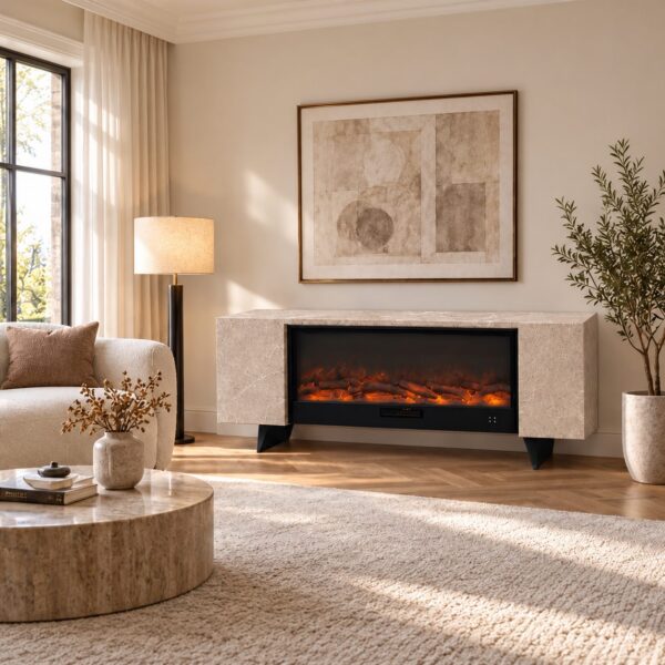 Taupermani Cream Ceramic Stoneware Cabinet for Electric Fireplace